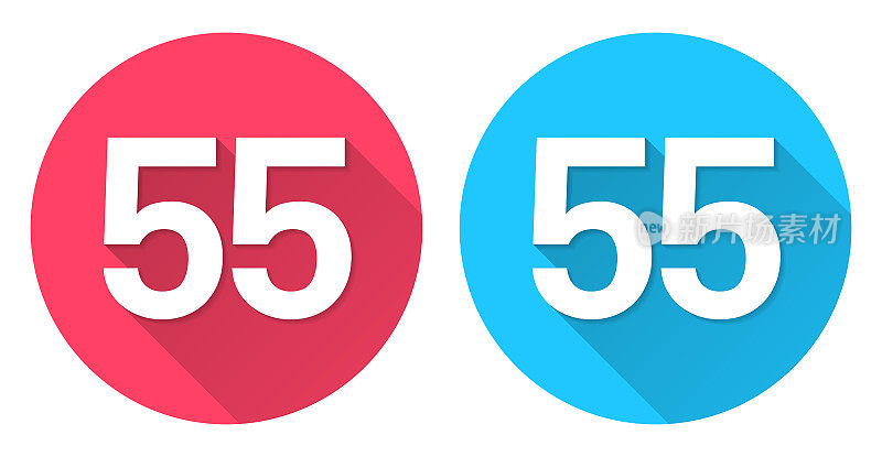 55 - 55号。圆形图标与长阴影在红色或蓝色的背景